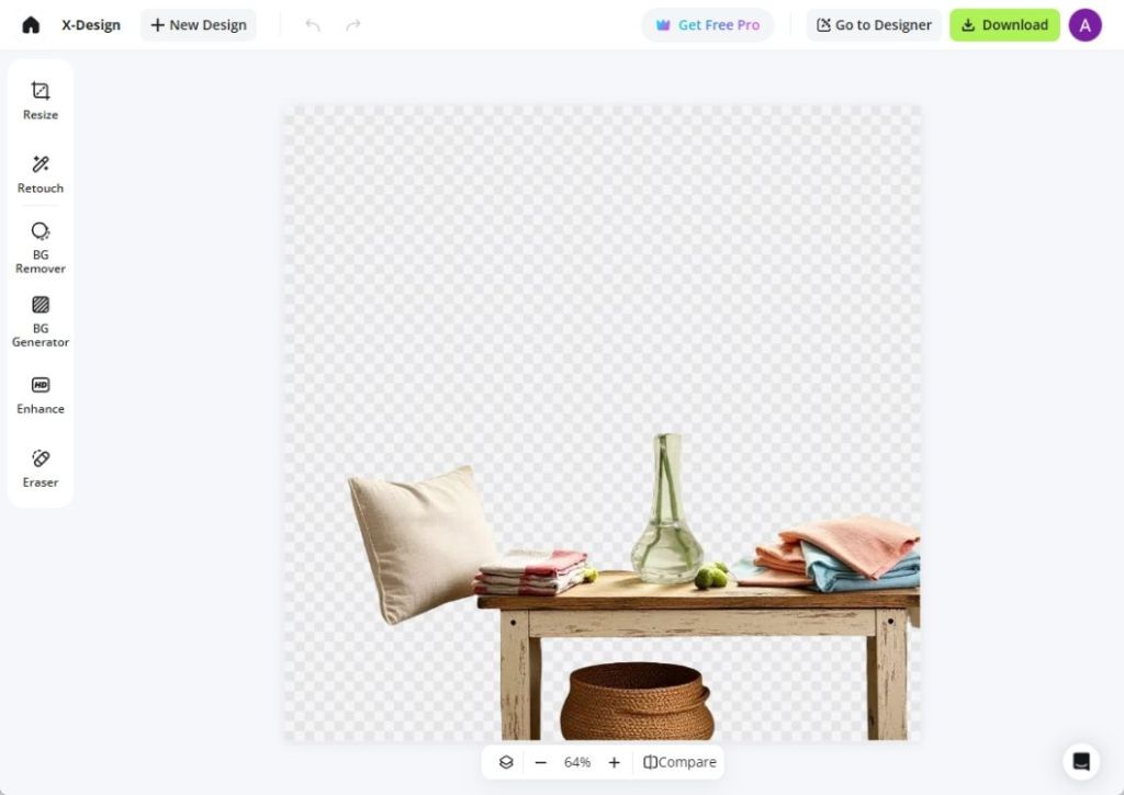 สร้างภาพผลิตภัณฑ์ที่อบอุ่นและเป็นของแท้ด้วยตัวแก้ไขภาพถ่าย AI-Design AI 2 การสาธิตการกำจัดพื้นหลัง X-Design